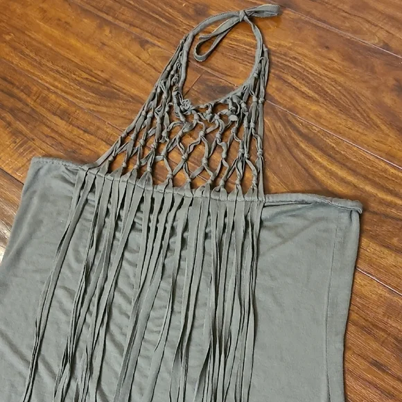 Olive Green Halter Fringe Top - Picture 2 of 8